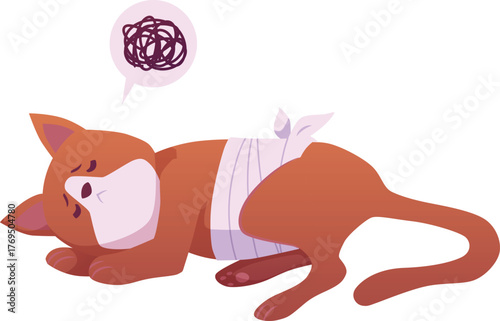 Wounded cat lies, cartoon sick brown kitten with bandaged belly, vector flat hurt injured or after surgery animal pet