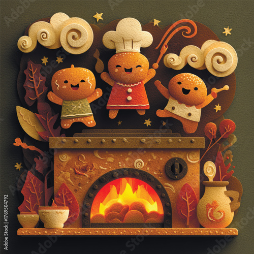 Festive paper-cut illustration of gingerbread cookies baking in warm oven, symbolizing Christmas joy, coziness, and family traditions. Vector illustration