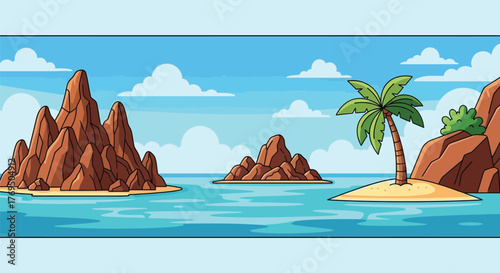 Cartoon tropical island landscape with palm trees rocks and ocean view