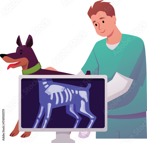 A male veterinarian doctor is checking an x-ray of a dog in Vet clinic, vector flat veterinarian diagnostics health care