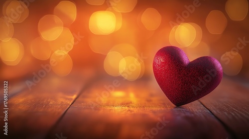 Close-up Red Glitter Heart: Dramatic Bokeh, Rustic Wood, Warm Reflection, Cinematic Romance