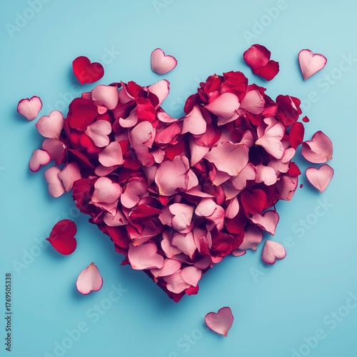 Flat Lay Love: Heart of Red Pink Rose Petals on Pastel Cyan, Minimalist Product Shot