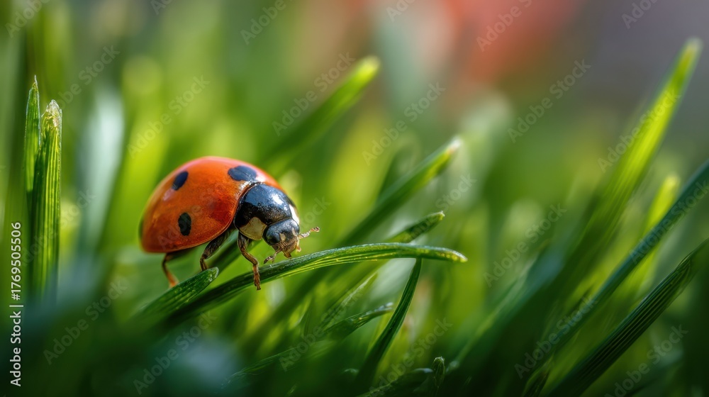 Obraz premium A ladybug is on a green leaf. The ladybug is red and black