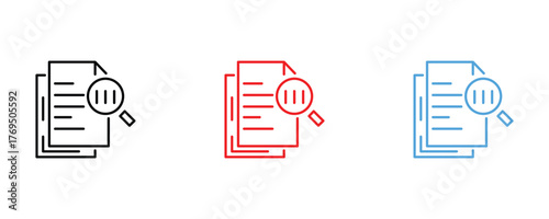 Document search icon set vector on white background.  magnifier, glass, paper, file, find, information, symbol.