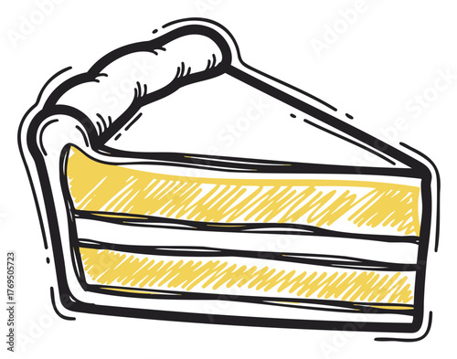 Simple hand-drawn illustration of a slice of layered cake with a fluffy crust and creamy filling, outlined in black with a hint of yellow coloring.