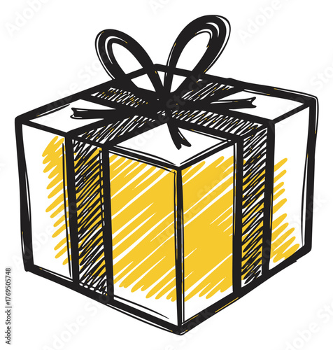 Hand-drawn sketch of a wrapped gift box with a bow and yellow shaded sides, illustrating a festive celebration concept.