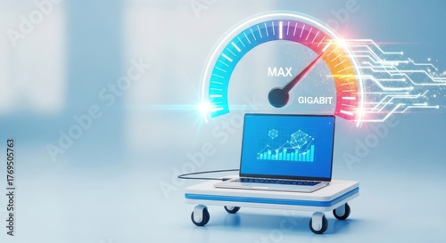 A laptop with a Gigabit speedometer on it.