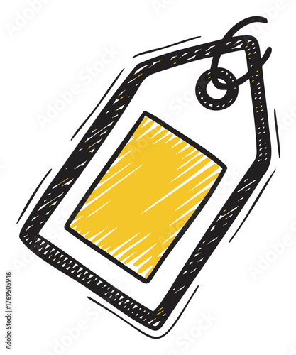Black outline of a sketched price tag with a yellow center rectangle, featuring a circular hole and a loop at the top.