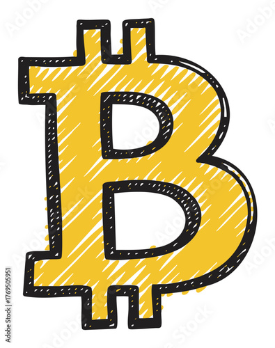 Bold, stylized depiction of a bitcoin symbol with a textured black outline and a shaded yellow interior, representing cryptocurrency and digital finance concepts.
