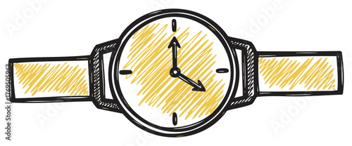 Hand-drawn sketch of a simple wristwatch with a yellow face, featuring black hour markers and a minimalist strap design.