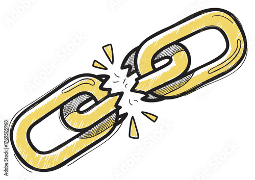 Hand-drawn illustration of a broken gold chain link symbolizing weakness or freedom. sketch style with dynamic motion lines and visible break in the link.
