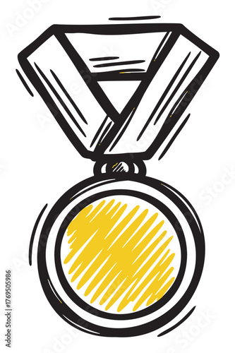 Hand-drawn sketch of a gold medal with a ribbon, featuring a textured circular center in yellow surrounded by a thick outline.