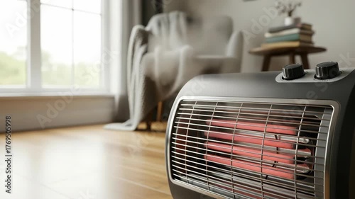 Portable electric heater glowing in a living room, providing warmth during cold weather. Home appliance for heating interior space footage.