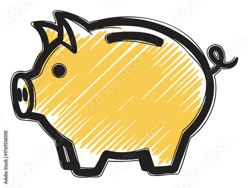 Yellow sketch-style illustration of a piggy bank with black outline and simple cartoon features.