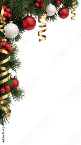 Beautifully decorated Christmas vertical page side border png with flowers, pine cones, ribbons, and red-green baubles glowing warmly — elegant festive PNG for holiday design projects