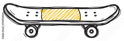 Black outline vector icon of a skateboard with yellow-striped grip tape and four wheels. minimal linear design for sports and outdoor activities.
