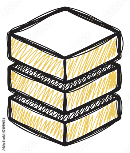 Hand-drawn sketch of a layered honey cake with textured yellow layers and a white top, shown in a hexagonal shape.