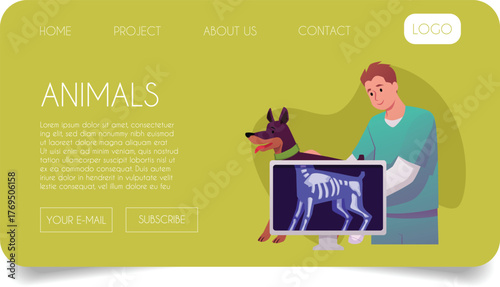 A male veterinarian doctor is checking x-ray of a dog, Vet clinic vector landing page, veterinarian diagnostics service