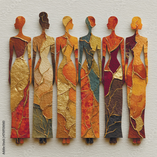 Artistic paper-cut collage of diverse female silhouettes in warm tones with gold cracks, symbolizing beauty, strength, and individuality. Vector illustration