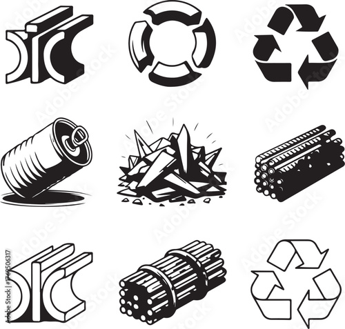 Nine Detailed Recycling Steel Icons with Transparent Background collection