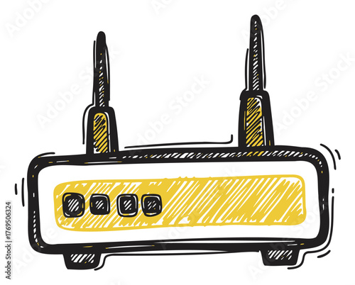 Sketch-style drawing of a wireless router with two antennas and four control buttons, highlighted in yellow and outlined in black.