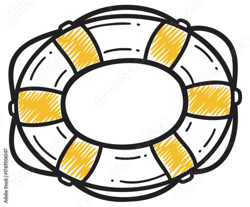 Black outline drawing of a life buoy with yellow sections, showing a top view of the lifebuoy with detailed shading.