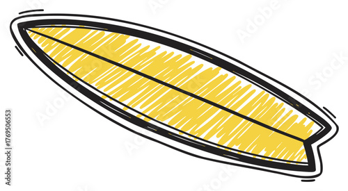 Hand-drawn sketch of a surfboard with a yellow and black design, featuring a minimalist and stylized appearance.