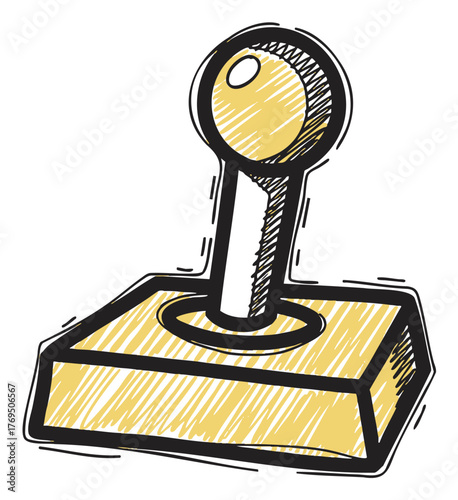 Hand-drawn sketch of a vintage arcade joystick with a spherical top and rectangular base, evoking nostalgia for classic gaming.