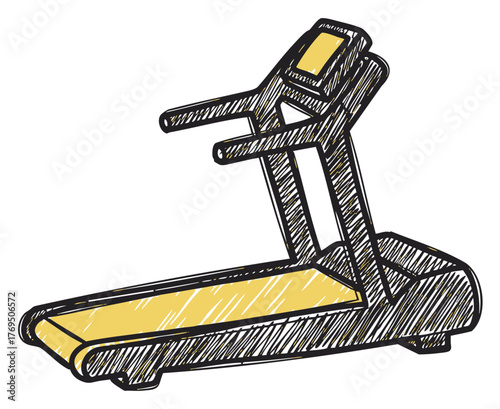 Hand-drawn sketch of a treadmill with a digital display, featuring a yellow running belt and black frame.