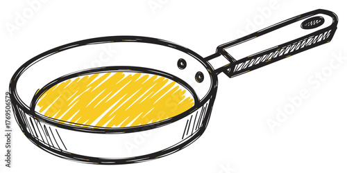 Black outline drawing of a skillet frying pan with a yellow scribble design, featuring a long handle. ideal for cooking and kitchen themes.