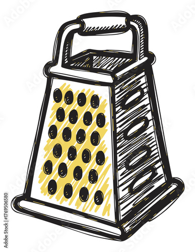 Hand-drawn sketch of a four-sided cheese grater with a handle, featuring different types of grating surfaces.