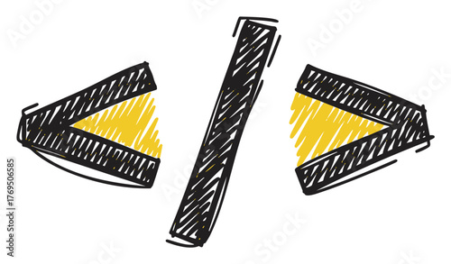 Hand-drawn sketch of html code brackets in black with yellow highlights, representing web development and programming concepts.
