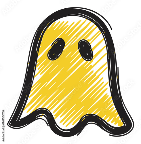 Simple hand-drawn sketch of a yellow ghost with black eyes and outline on a white background.