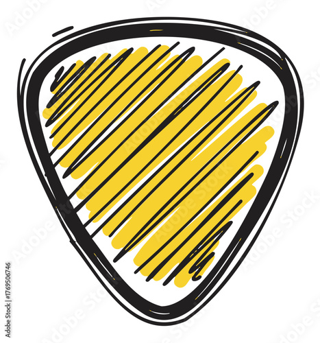 Hand-drawn sketch of a yellow and black triangular guitar pick with scribbled lines for a stylish, artistic design.