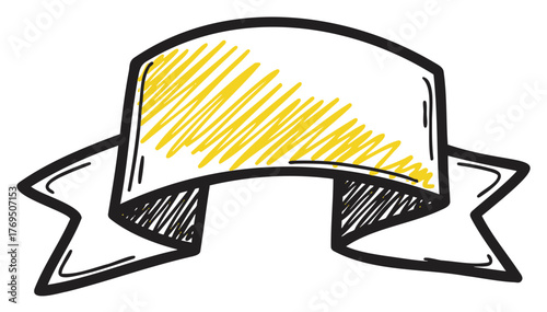 Black and yellow hand-drawn curved banner with ribbon ends, featuring diagonal shading inside for a dynamic design.