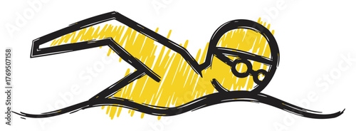 Simplified black outline of a swimmer wearing goggles and a swim cap, depicted with dynamic yellow shading in a freestyle position.