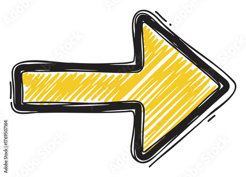 Hand-drawn yellow right-facing arrow with a black outline, filled with diagonal sketchy lines, conveying direction and movement.
