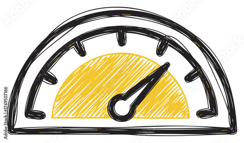 Hand-drawn speedometer with yellow shaded background, displaying a needle pointing towards the right, symbolizing acceleration or speed measurement.