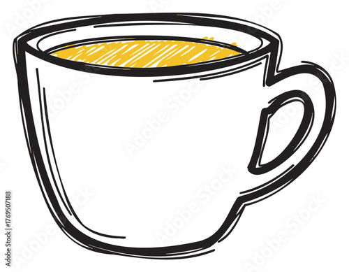 Black outline drawing of a simple coffee cup filled with a yellow liquid, featuring a large handle on the right side.