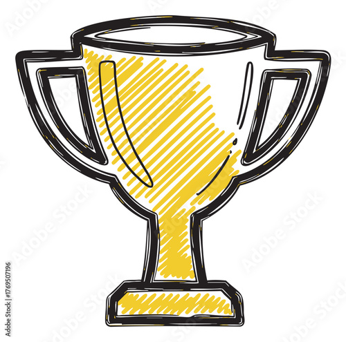 Hand-drawn sketch of a gold trophy cup with two handles and a textured surface, symbolizing victory and achievement.