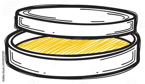 Black outline drawing of an open, round metal tin container with a yellow substance inside, often used for balm or wax storage.