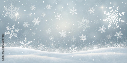 Peaceful winter landscape with gentle snowfall and snow-covered hills on a light blue background