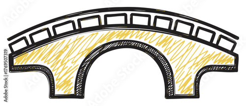 Hand-drawn sketch of a simple arched bridge with a yellow textured surface and black outlined railings.