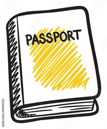 Simple black outline sketch of a passport with bold yellow scribbles, featuring the word "passport" prominently on the cover.