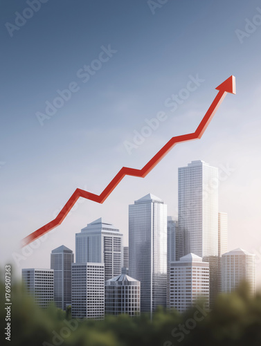 Skyline Ascent: A photorealistic illustration showcases urban development and growth, with a dynamic red arrow soaring above a modern cityscape, against a clear, azure sky and leafy foreground.