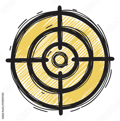 Black and yellow sketched target with concentric circles and a central crosshair, representing accuracy and focus.