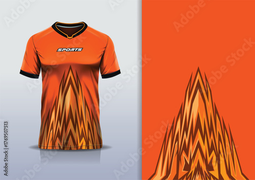 T-shirt mockup with abstract stripe lines sport jersey design for football, soccer, racing, esports, running, in orange color