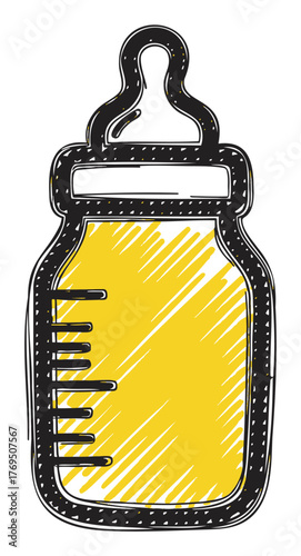 Hand-drawn sketch of a baby bottle with a yellow fill, featuring a rubber nipple and measurement markings, representing infant care essentials.
