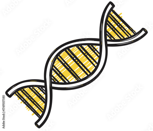 Simple black outlined dna double helix icon with yellow diagonal lines, representing genetic structure and science concepts.