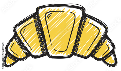 Hand-drawn sketch of a croissant with shading, showcasing its layered and crescent shape.